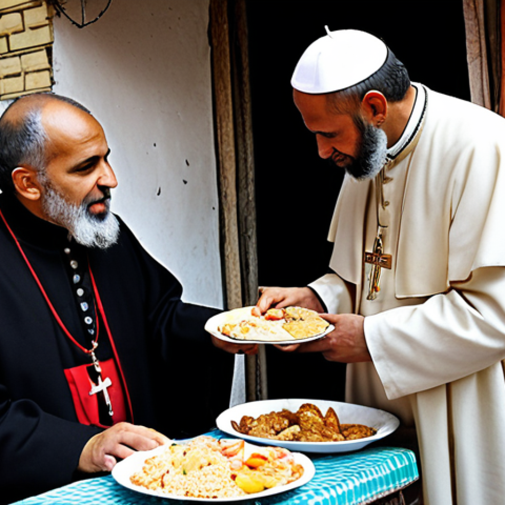 **

A serene depiction of interfaith dialogue.  An Imam, a Catholic priest in Vatican robes, and a social worker from a communist organization (perhaps identifiable by a subtle symbol like a red star pin) are collaboratively serving food to impoverished people in a shantytown setting. The scene emphasizes shared values of justice and compassion over ideological differences. The architecture blends aspects of Middle Eastern and European styles, highlighting universal human concerns.

**