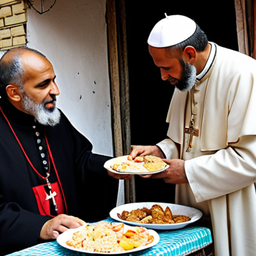 Home 4 **
A serene depiction of interfaith dialogue. An Imam, a Catholic priest in Vatican robes, and a social worker from a communist organization (perhaps identifiable by a subtle symbol like a red star pin) are collaboratively serving food to impoverished people in a shantytown setting. The scene emphasizes shared values of justice and compassion over ideological differences. The architecture blends aspects of Middle Eastern and European styles, highlighting universal human concerns.
**