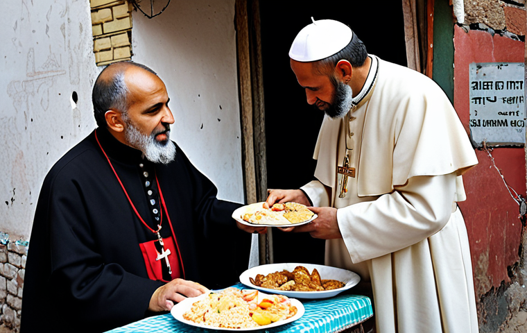 **
A serene depiction of interfaith dialogue. An Imam, a Catholic priest in Vatican robes, and a social worker from a communist organization (perhaps identifiable by a subtle symbol like a red star pin) are collaboratively serving food to impoverished people in a shantytown setting. The scene emphasizes shared values of justice and compassion over ideological differences. The architecture blends aspects of Middle Eastern and European styles, highlighting universal human concerns.
**